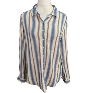 XiRENA Women’s Medium Multicolor Striped Button Down Cotton Crepe Casual Shirt